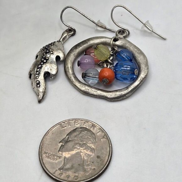 "5/$25" Mismatched Pewter Finish Feather/Multicolored Bead Dangle Earrings - Picture 3 of 8
